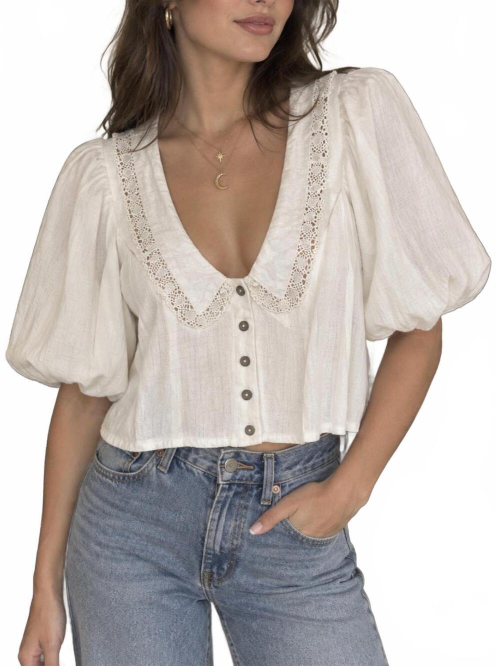 NEW FASHION BRAND COMPANY soft linen puff sleeve blouse in white